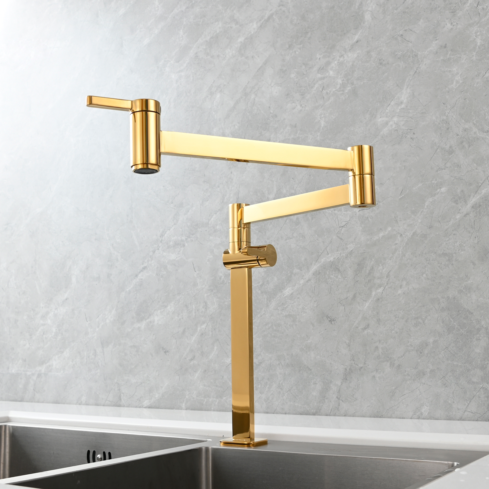 Tecmolog Brass Folding Faucet Dual Handle Kitchen Faucet,Pot Filler Faucet Deck Mount Tap