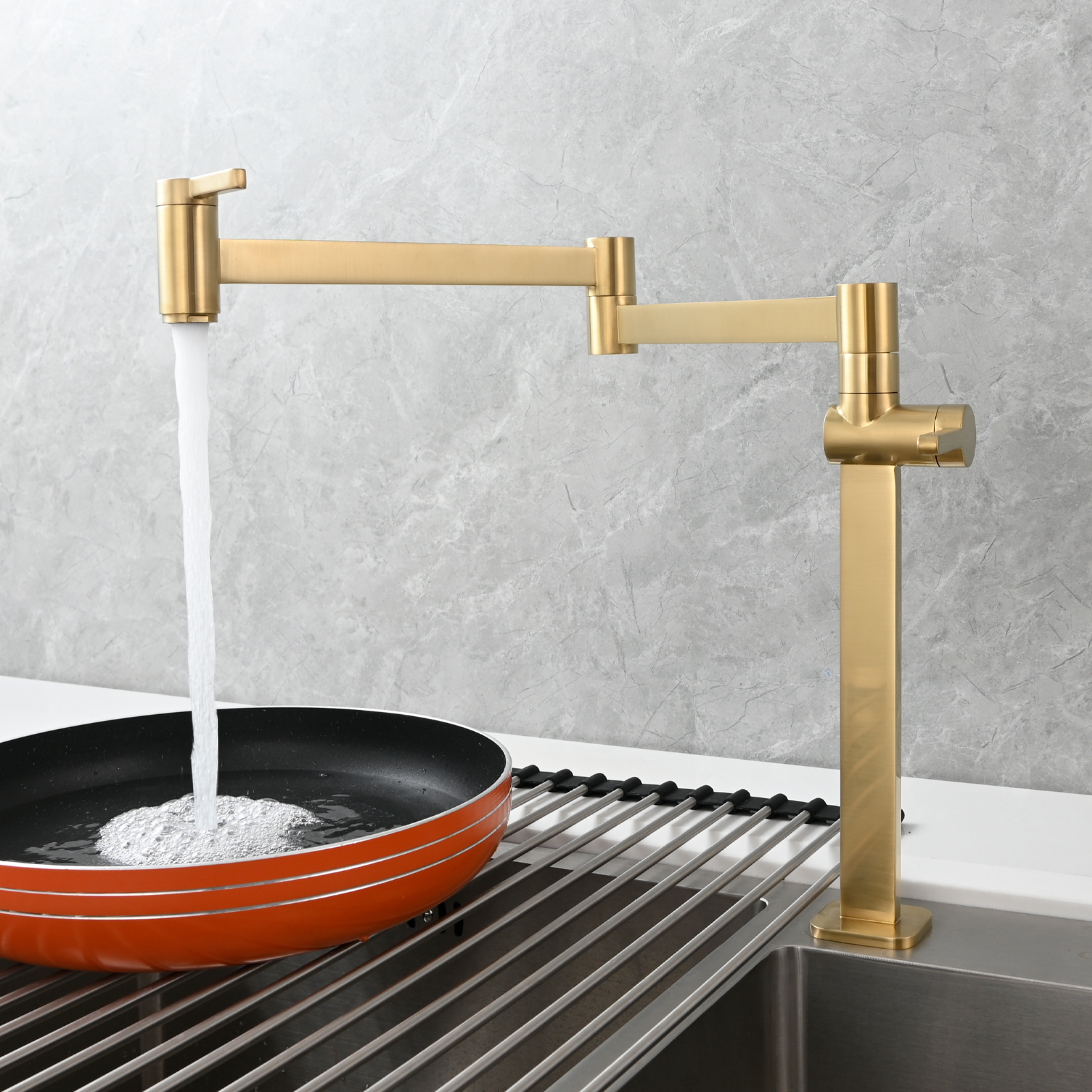 Tecmolog Brass Folding Faucet Dual Handle Kitchen Faucet,Pot Filler Faucet Deck Mount Tap