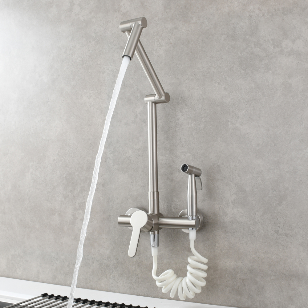 Tecmolog Brass Kitchen Faucet Hot ang Cold Folding Wall Mounted Tap with Bidet Sprayer and Shower Hose,BC1235