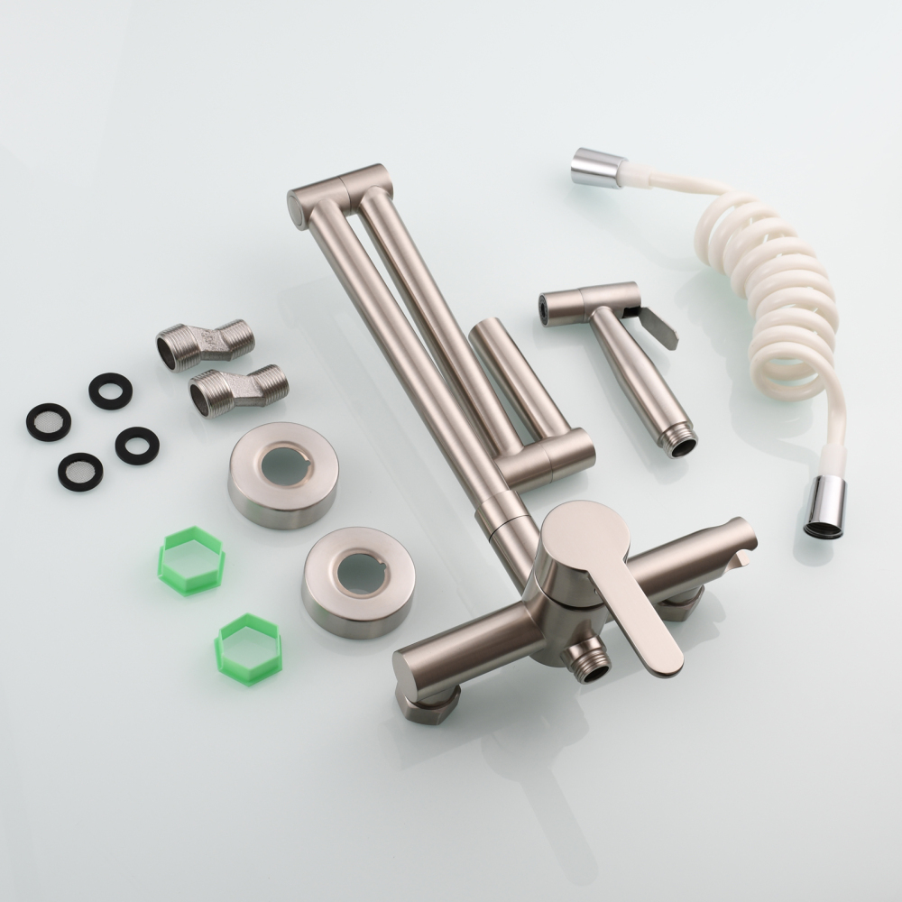 Tecmolog Brass Kitchen Faucet Hot ang Cold Folding Wall Mounted Tap with Bidet Sprayer and Shower Hose,BC1235