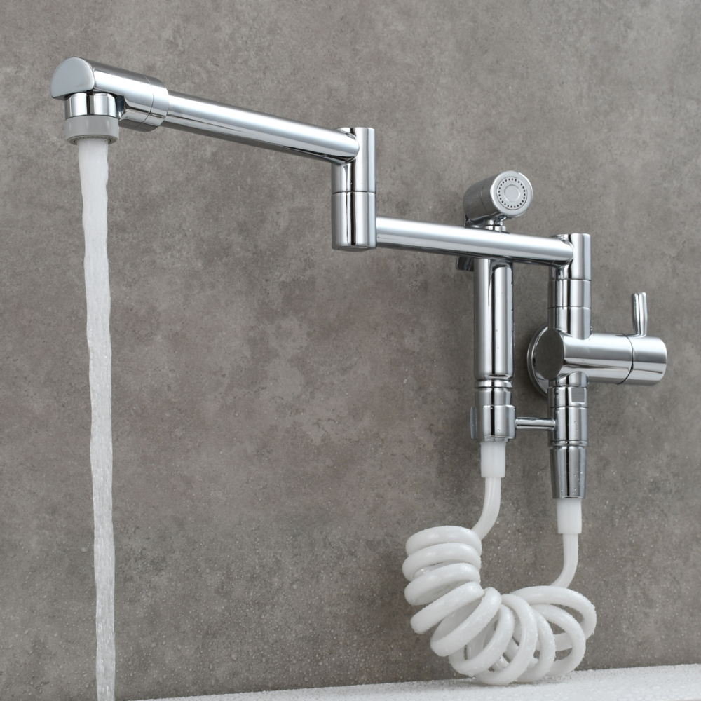 Tecmolog Brass Kitchen Faucet with Side Sprayer Single Handle Wall Mount Pot Filler Faucet Black 360°Rotate Kitchen Tap,Black,Chrome and Brushed Nickel