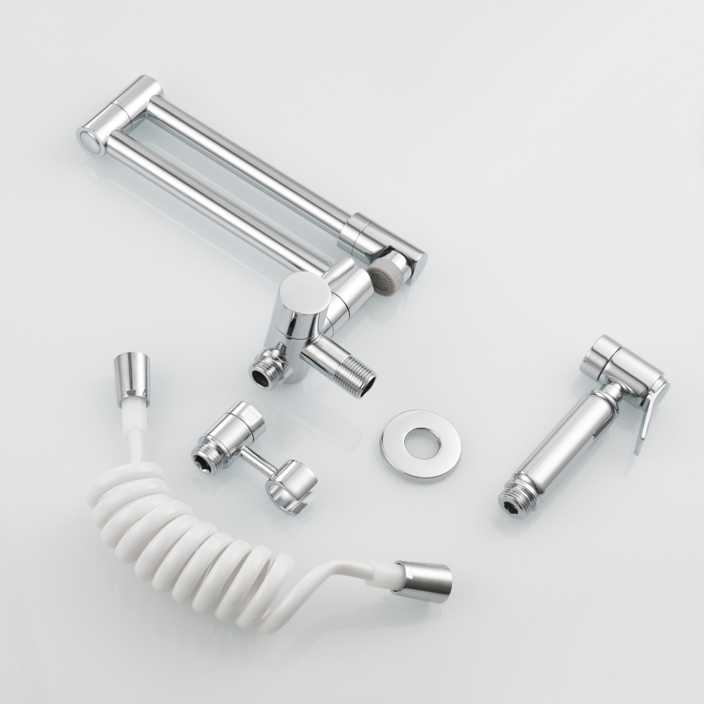 Tecmolog Brass Kitchen Faucet with Side Sprayer Single Handle Wall Mount Pot Filler Faucet Black 360°Rotate Kitchen Tap,Black,Chrome and Brushed Nickel