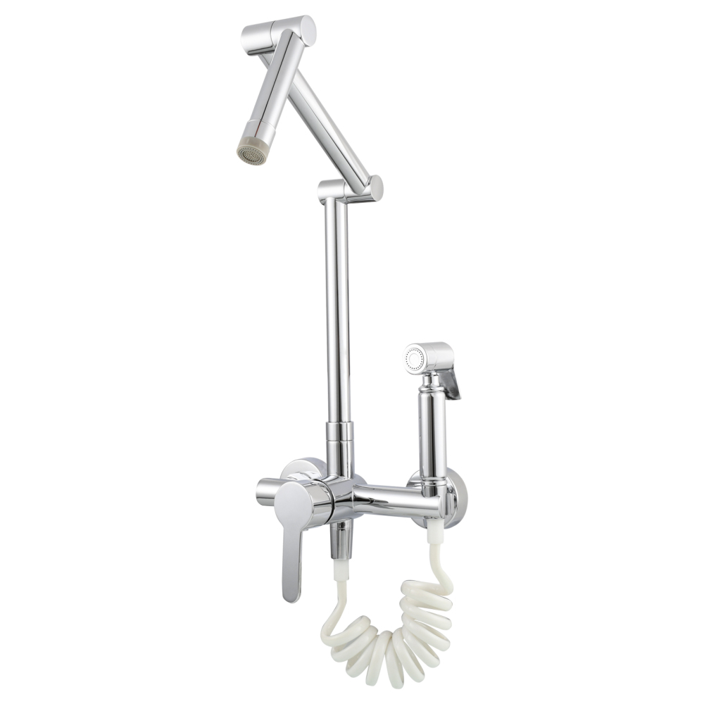 Tecmolog Brass Kitchen Faucet Hot ang Cold Folding Wall Mounted Tap with Bidet Sprayer and Shower Hose,BC1235