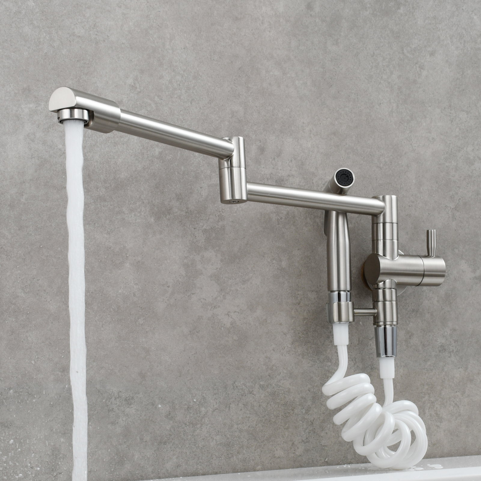 Tecmolog Brass Kitchen Faucet with Side Sprayer Single Handle Wall Mount Pot Filler Faucet Black 360°Rotate Kitchen Tap,Black,Chrome and Brushed Nickel