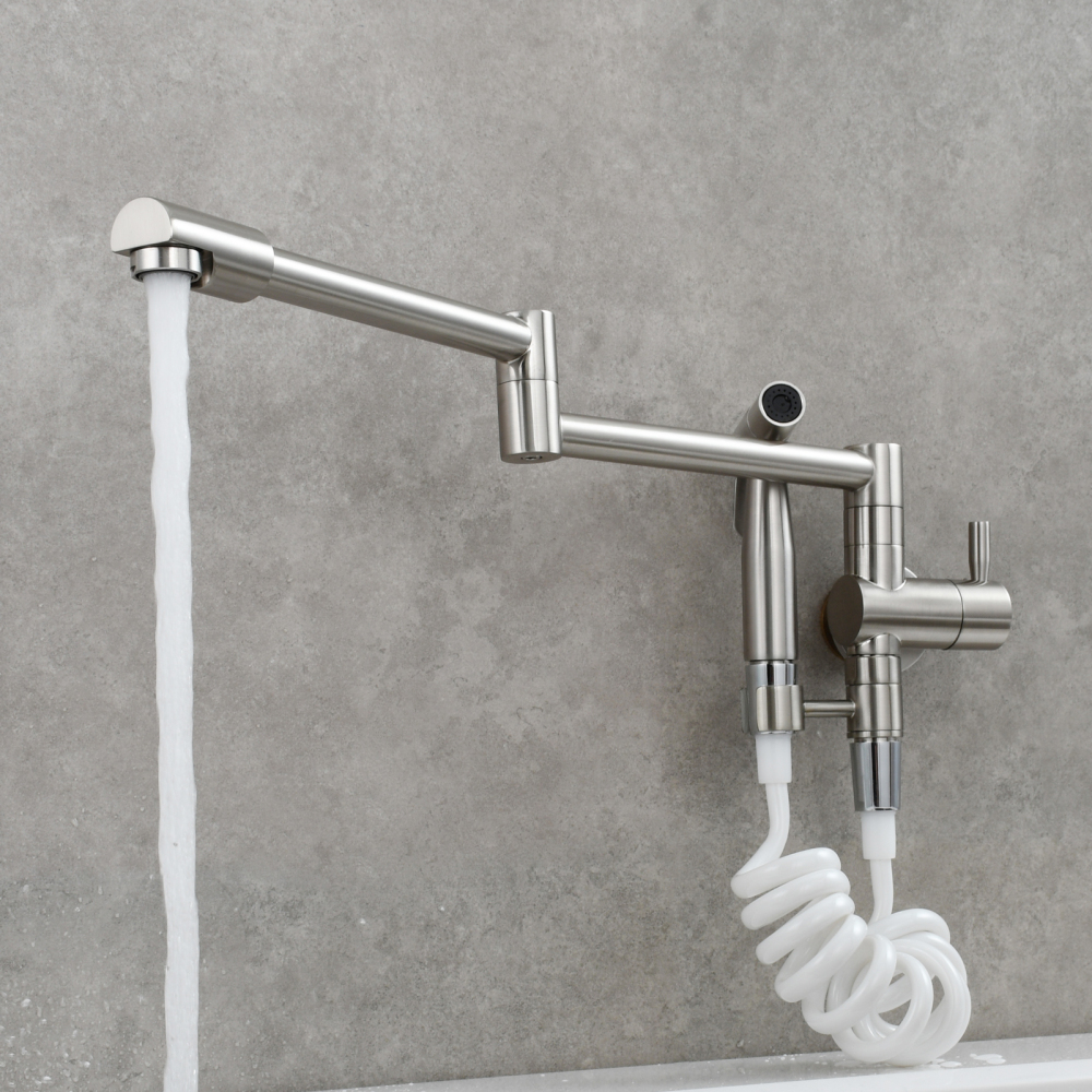 Tecmolog Brass Kitchen Faucet with Side Sprayer Single Handle Wall Mount Pot Filler Faucet Black 360°Rotate Kitchen Tap,Black,Chrome and Brushed Nickel