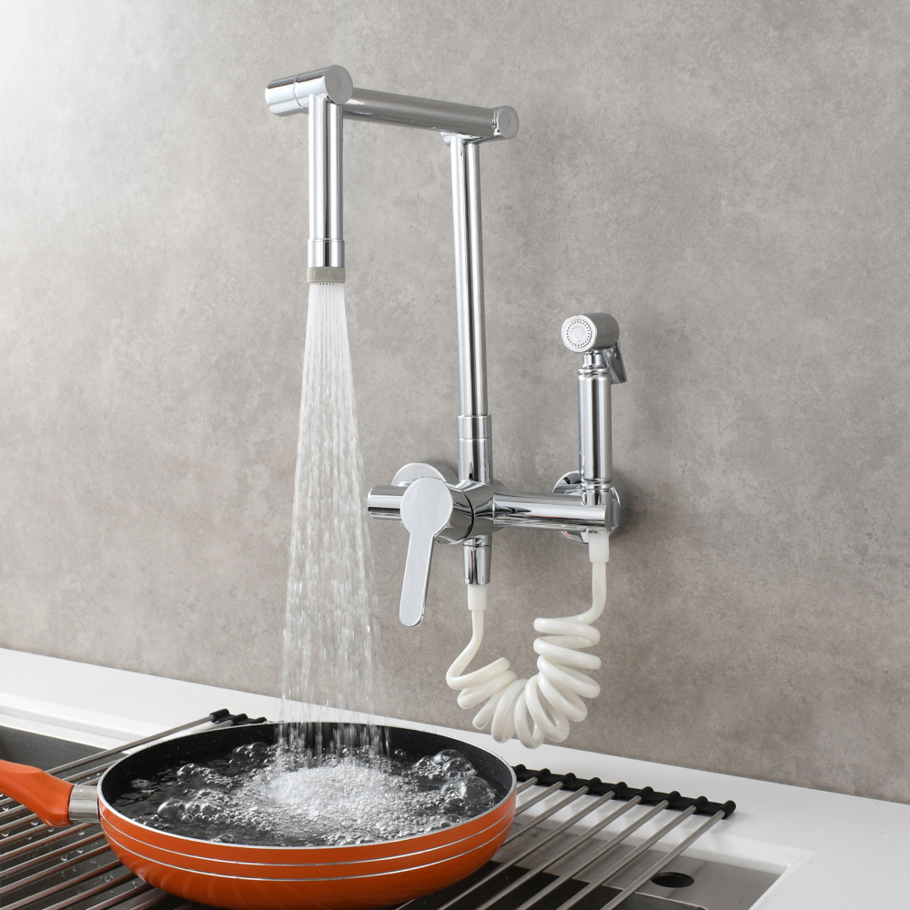 Tecmolog Brass Kitchen Faucet Hot ang Cold Folding Wall Mounted Tap with Bidet Sprayer and Shower Hose,BC1235