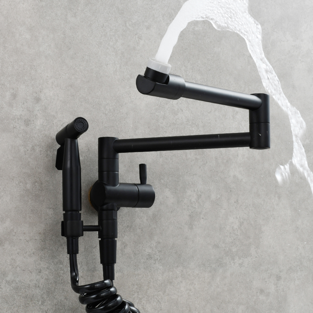 Tecmolog Brass Kitchen Faucet with Side Sprayer Single Handle Wall Mount Pot Filler Faucet Black 360°Rotate Kitchen Tap,Black,Chrome and Brushed Nickel