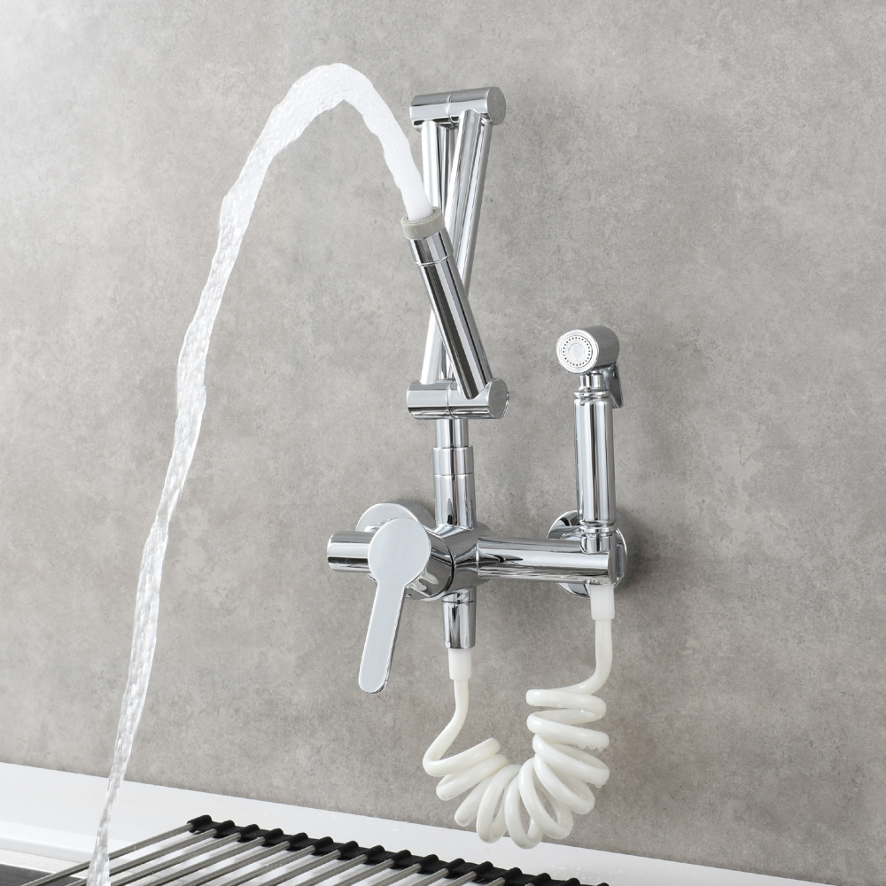 Tecmolog Brass Kitchen Faucet Hot ang Cold Folding Wall Mounted Tap with Bidet Sprayer and Shower Hose,BC1235