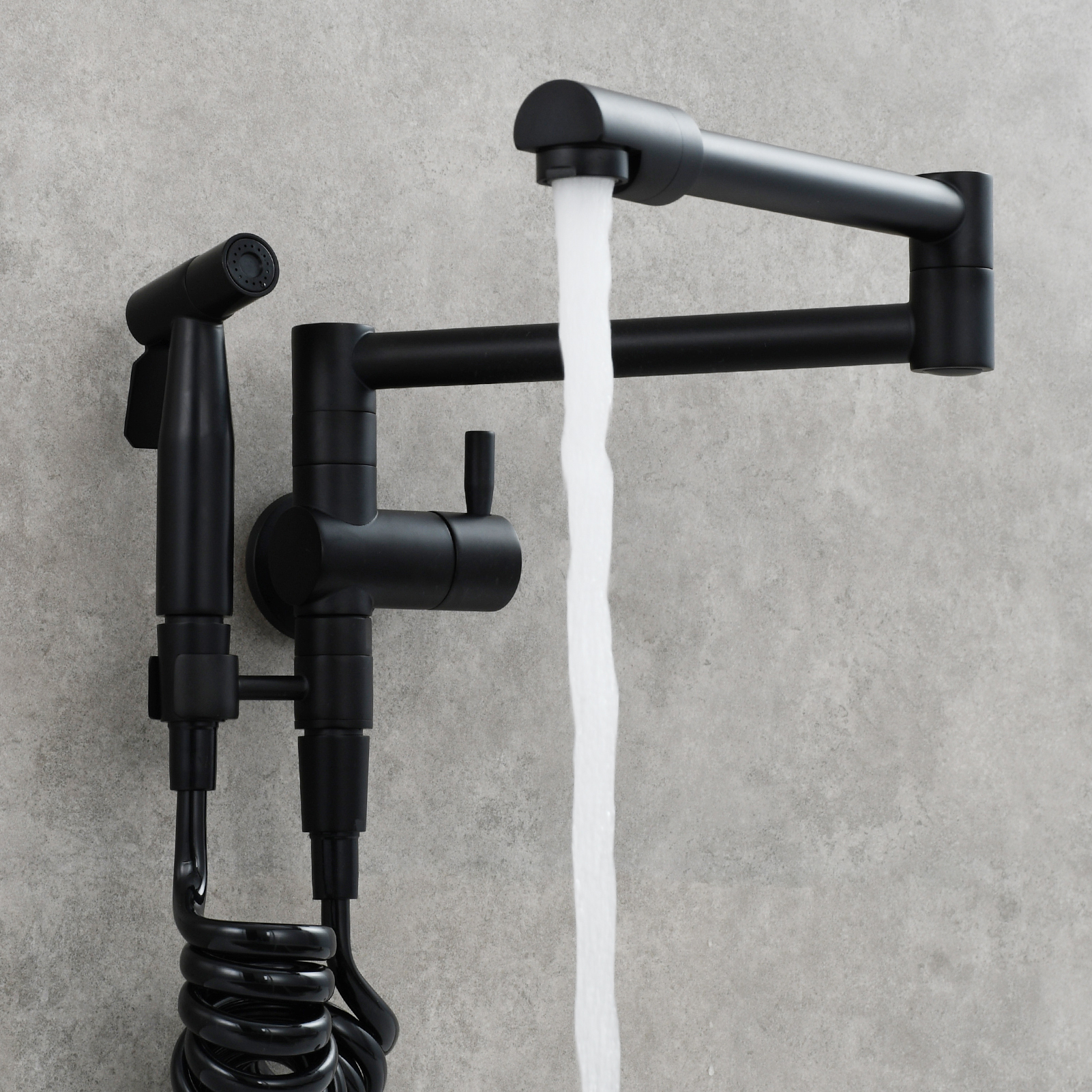 Tecmolog Brass Kitchen Faucet with Side Sprayer Single Handle Wall Mount Pot Filler Faucet Black 360°Rotate Kitchen Tap,Black,Chrome and Brushed Nickel