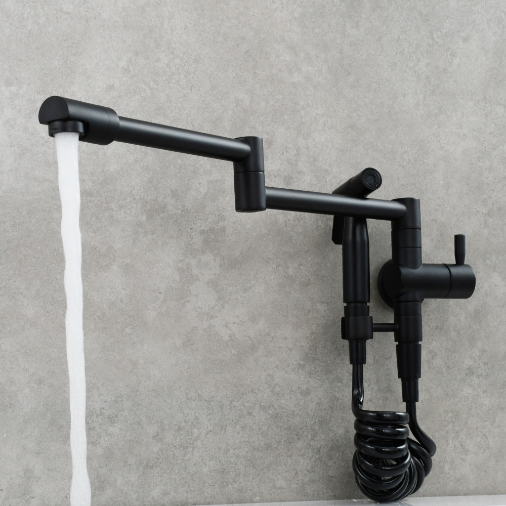 Tecmolog Brass Kitchen Faucet with Side Sprayer Single Handle Wall Mount Pot Filler Faucet Black 360°Rotate Kitchen Tap,Black,Chrome and Brushed Nickel