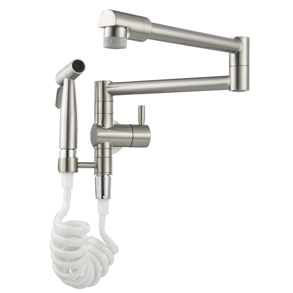 Tecmolog Brass Kitchen Faucet with Side Sprayer Single Handle Wall Mount Pot Filler Faucet Black 360°Rotate Kitchen Tap,Black,Chrome and Brushed Nickel