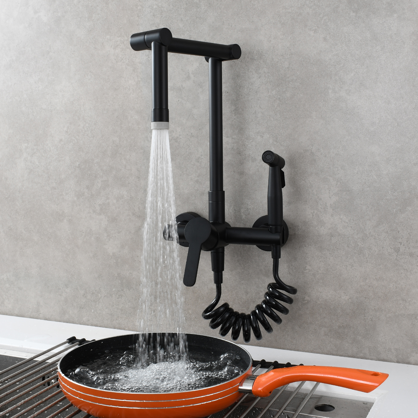 Tecmolog Brass Kitchen Faucet Hot ang Cold Folding Wall Mounted Tap with Bidet Sprayer and Shower Hose,BC1235