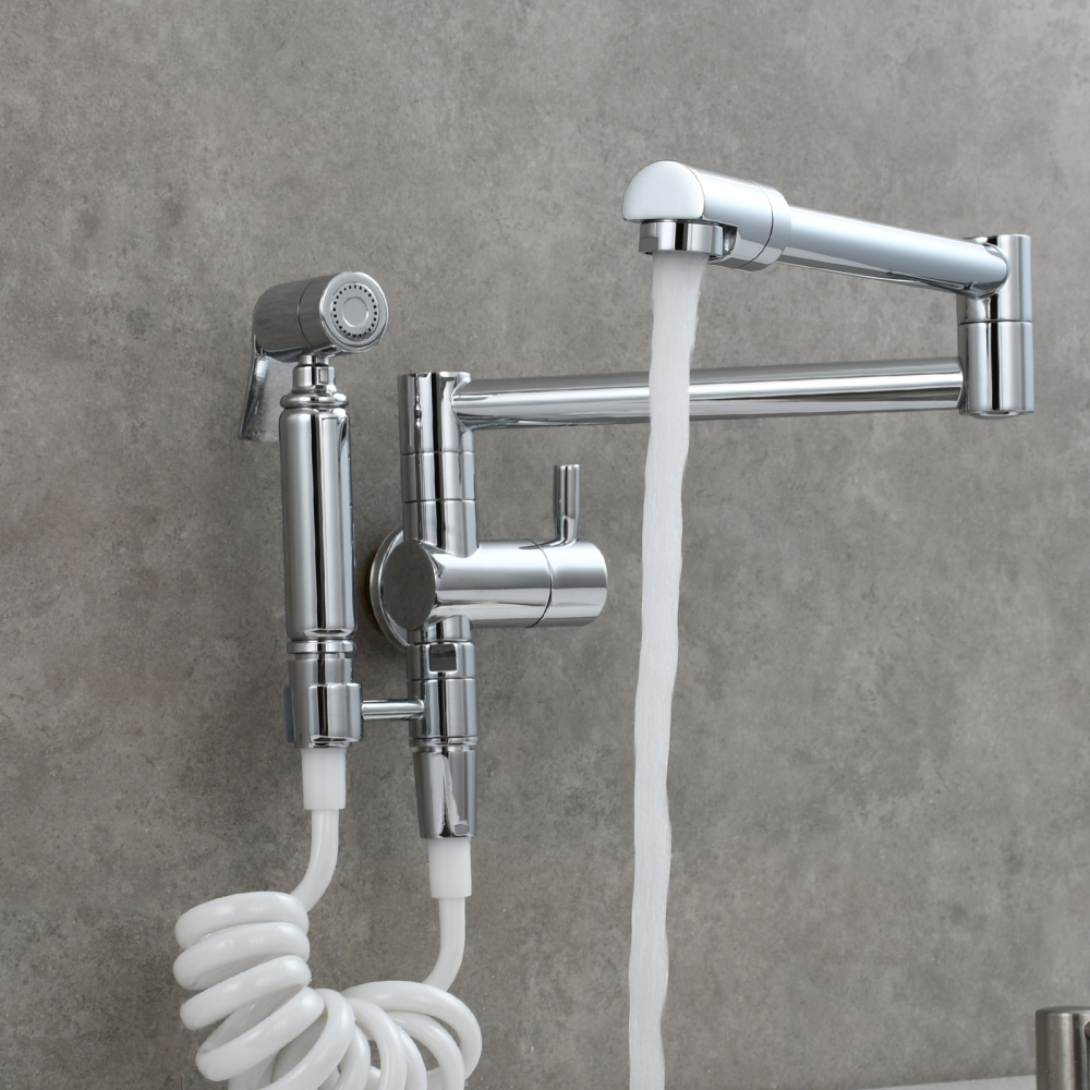 Tecmolog Brass Kitchen Faucet with Side Sprayer Single Handle Wall Mount Pot Filler Faucet Black 360°Rotate Kitchen Tap,Black,Chrome and Brushed Nickel