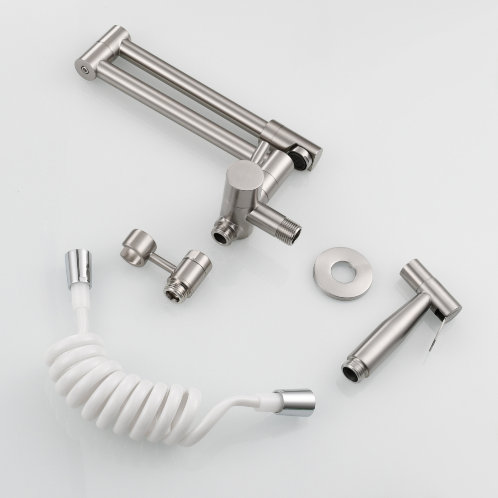 Tecmolog Brass Kitchen Faucet with Side Sprayer Single Handle Wall Mount Pot Filler Faucet Black 360°Rotate Kitchen Tap,Black,Chrome and Brushed Nickel