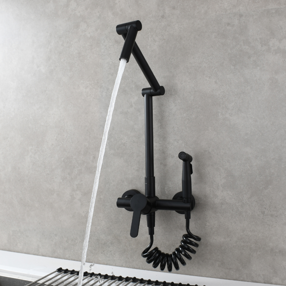 Tecmolog Brass Kitchen Faucet Hot ang Cold Folding Wall Mounted Tap with Bidet Sprayer and Shower Hose