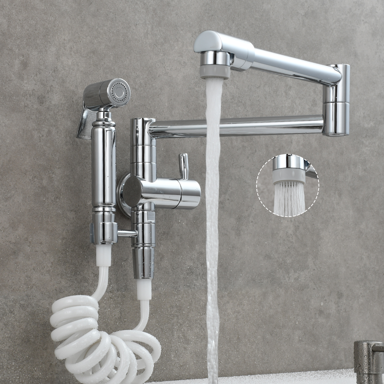 Tecmolog Brass Kitchen Faucet with Side Sprayer Single Handle Wall Mount Pot Filler Faucet Black 360°Rotate Kitchen Tap,Black,Chrome and Brushed Nickel
