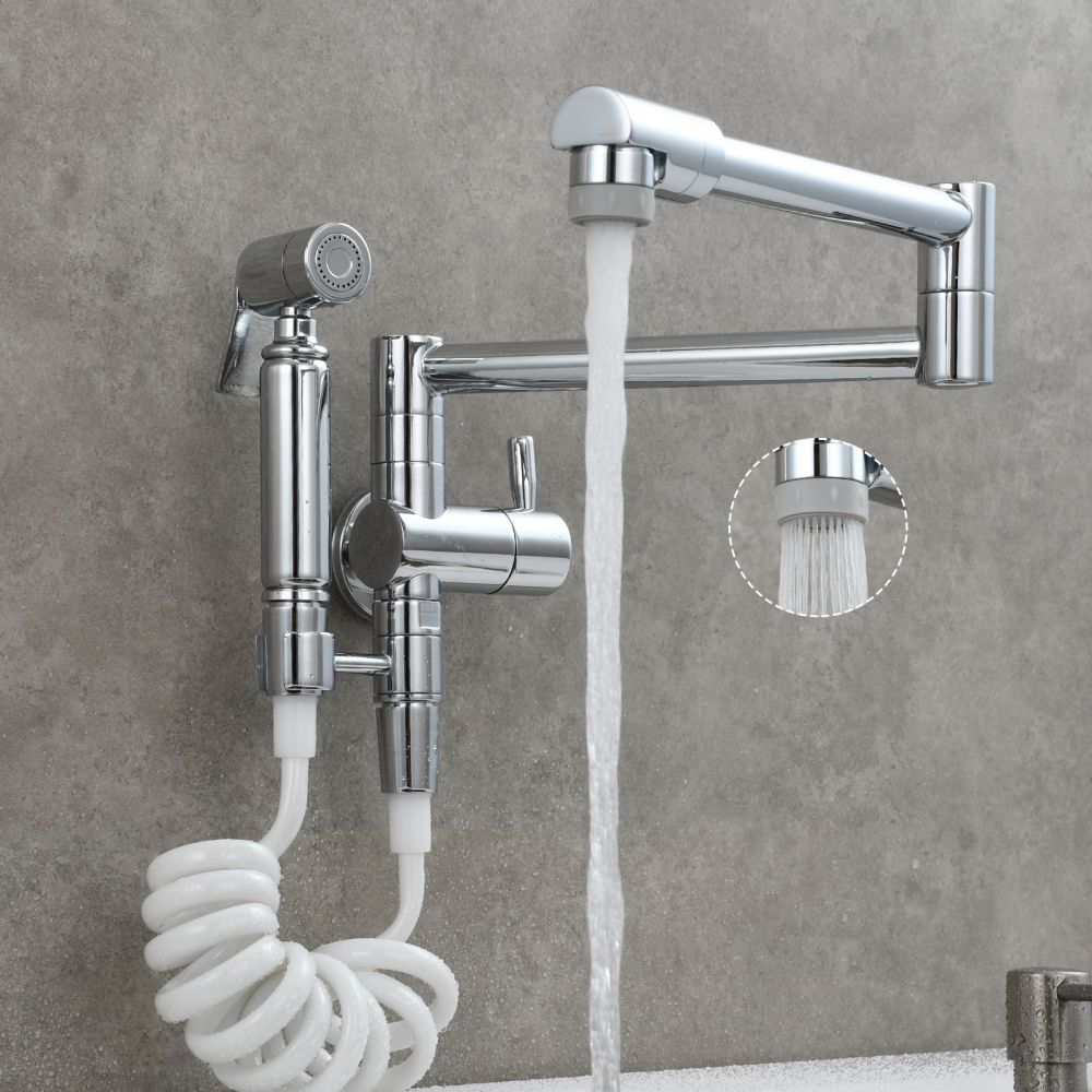 Tecmolog Brass Kitchen Faucet with Side Sprayer Single Handle Wall Mount Pot Filler Faucet Black 360°Rotate Kitchen Tap,Black,Chrome and Brushed Nickel