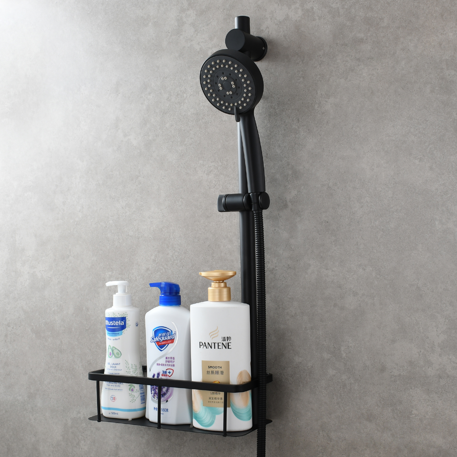 Tecmolog Stainless Steel Slide Bar Shower Head Black,Storage Rack with Slide Bar,5-Spray Shower Set with Slide Bar