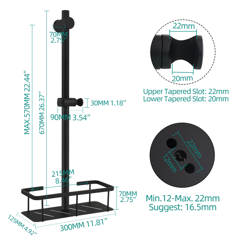 Tecmolog Stainless Steel Slide Bar Shower Head Black,Storage Rack with Slide Bar,5-Spray Shower Set with Slide Bar