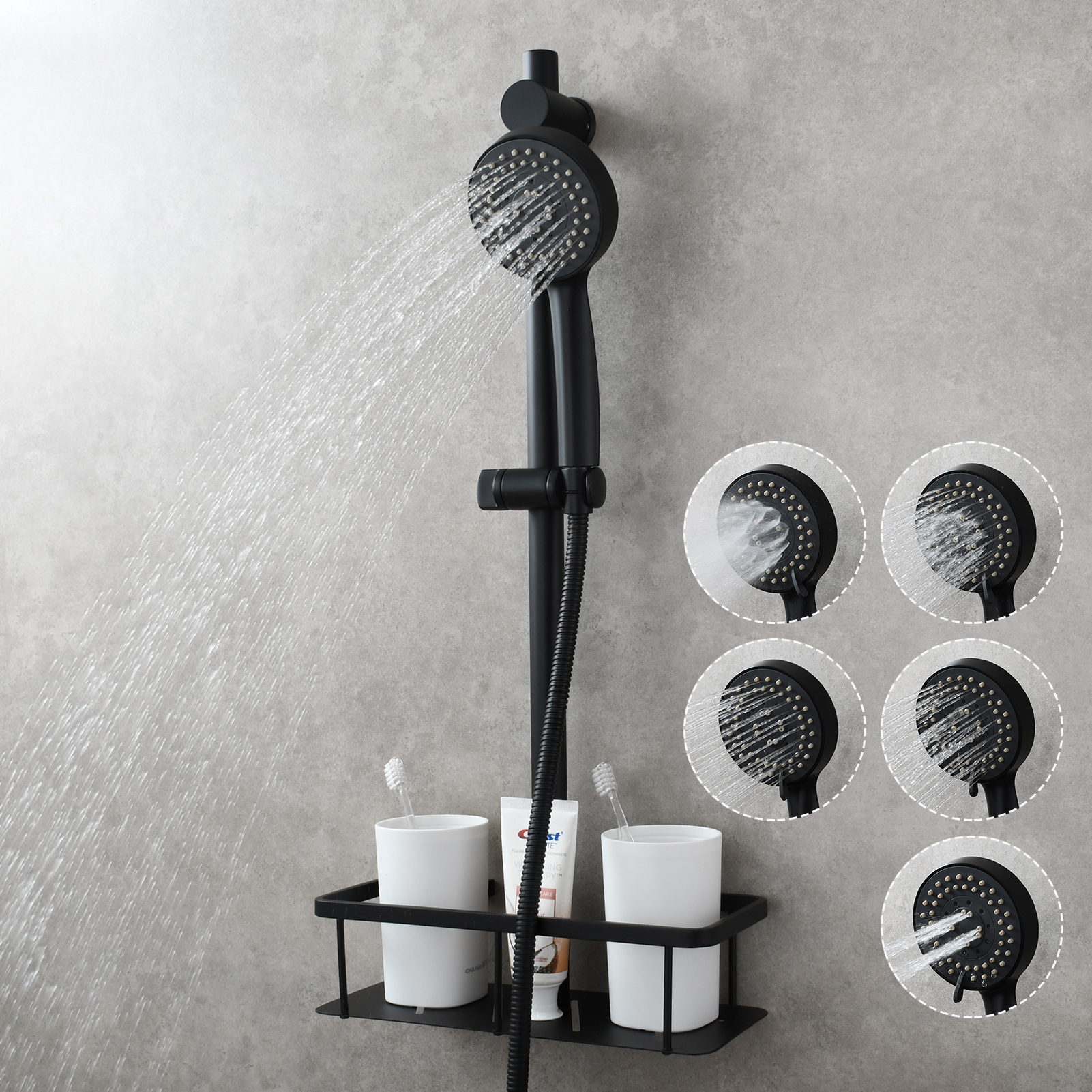 Tecmolog Stainless Steel Slide Bar Shower Head Black,Storage Rack with Slide Bar,5-Spray Shower Set with Slide Bar