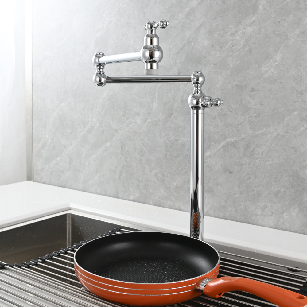 Tecmolog Deck Mount Pot Filler Kitchen Faucet, Brass Only Cold Folding Faucet, Dual Handles Stretchable 21” Double Swing Joint Single Hole Kitchen Sink Tap