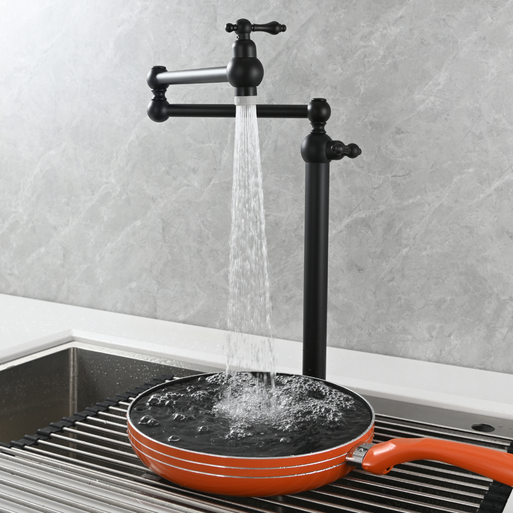Tecmolog Deck Mount Pot Filler Kitchen Faucet, Brass Only Cold Folding Faucet, Dual Handles Stretchable 21” Double Swing Joint Single Hole Kitchen Sink Tap