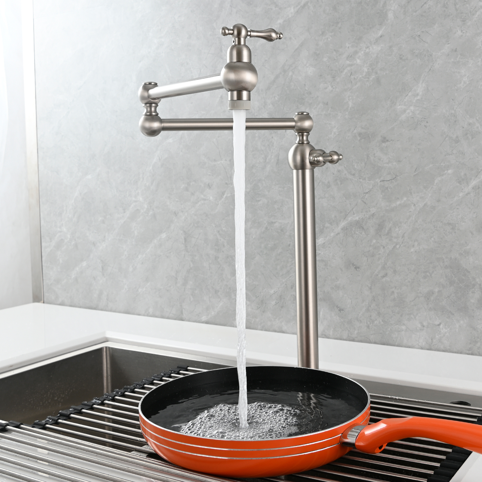 Tecmolog Deck Mount Pot Filler Kitchen Faucet, Brass Only Cold Folding Faucet, Dual Handles Stretchable 21” Double Swing Joint Single Hole Kitchen Sink Tap