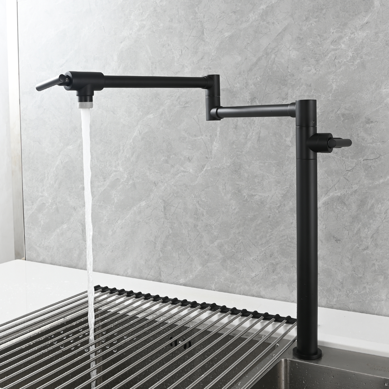 Tecmolog Deck Mount Pot Filler Kitchen Faucet, Brass Only Cold Folding Faucet, Dual Handles Stretchable 23” Double Swing Joint Single Hole Kitchen Sink Tap