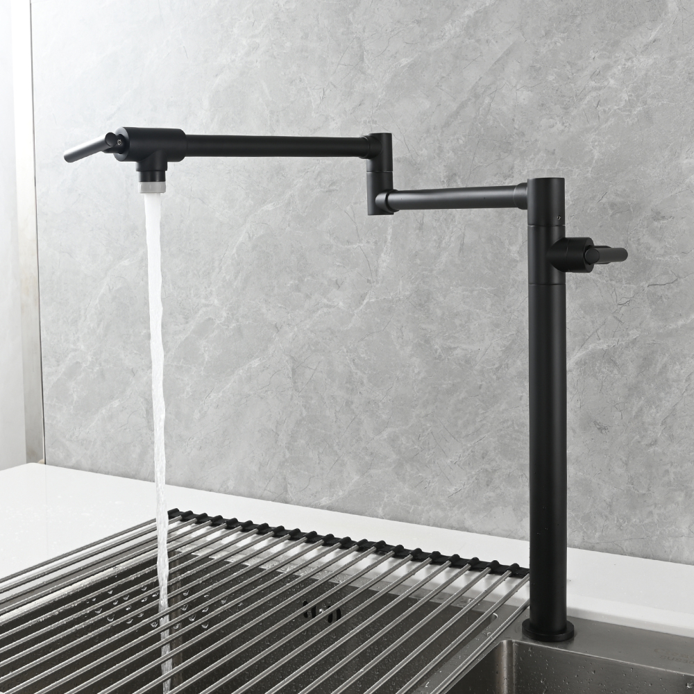 Tecmolog Deck Mount Pot Filler Kitchen Faucet, Brass Only Cold Folding Faucet, Dual Handles Stretchable 23” Double Swing Joint Single Hole Kitchen Sink Tap