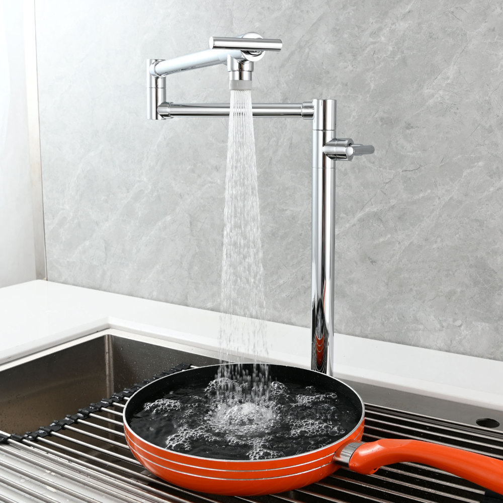 Tecmolog Deck Mount Pot Filler Kitchen Faucet, Brass Only Cold Folding Faucet, Dual Handles Stretchable 23” Double Swing Joint Single Hole Kitchen Sink Tap