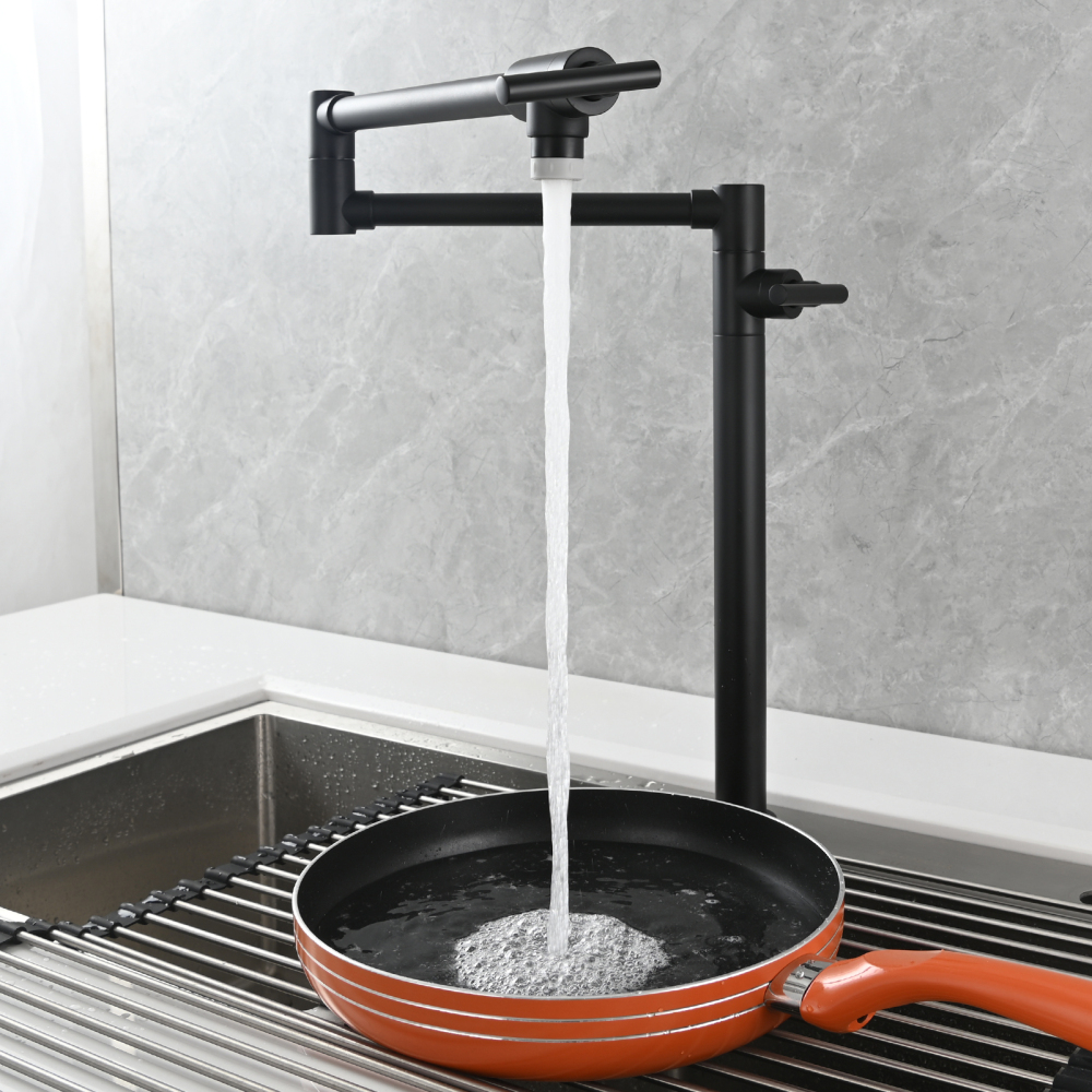 Tecmolog Deck Mount Pot Filler Kitchen Faucet, Brass Only Cold Folding Faucet, Dual Handles Stretchable 23” Double Swing Joint Single Hole Kitchen Sink Tap