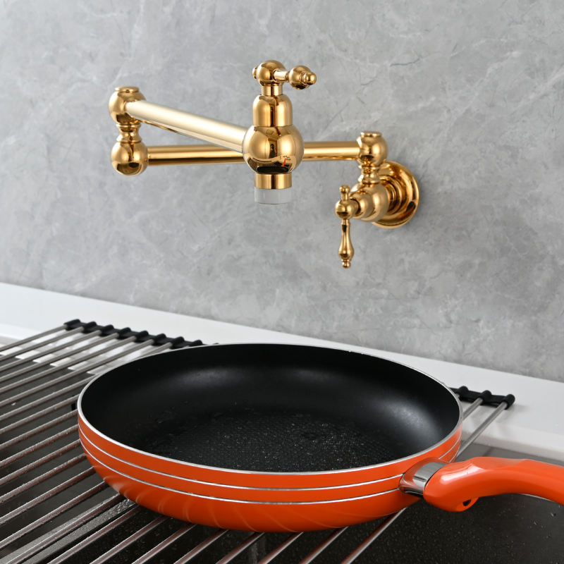 Tecmolog Wall Mount Kitchen Faucet, 1/2”NPT Brass Folding Pot Filler Tap, Kitchen Sink Tap for Cold Water, Nickel/Black/Chrome