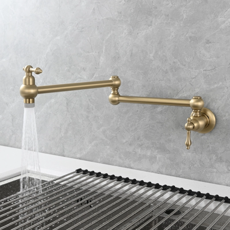 Tecmolog Wall Mount Kitchen Faucet, 1/2”NPT Brass Folding Pot Filler Tap, Kitchen Sink Tap for Cold Water, Nickel/Black/Chrome