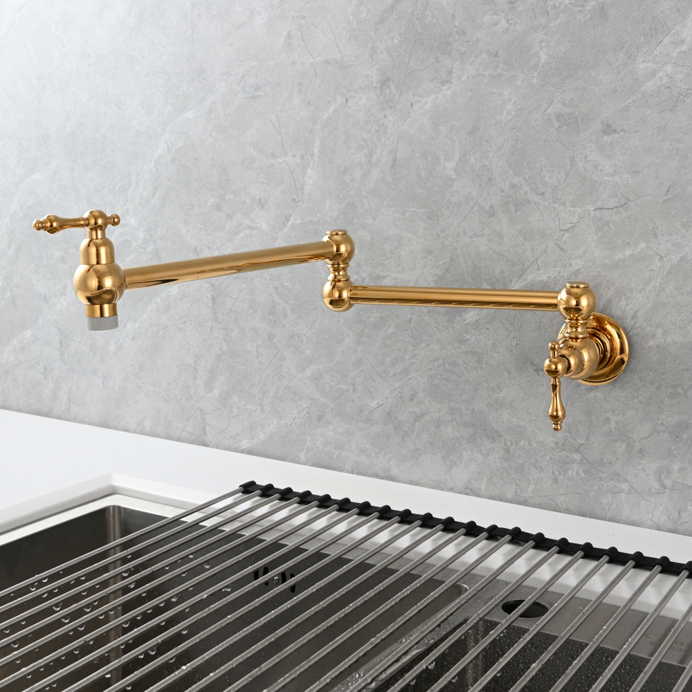 Tecmolog Wall Mount Kitchen Faucet, 1/2”NPT Brass Folding Pot Filler Tap, Kitchen Sink Tap for Cold Water, Nickel/Black/Chrome