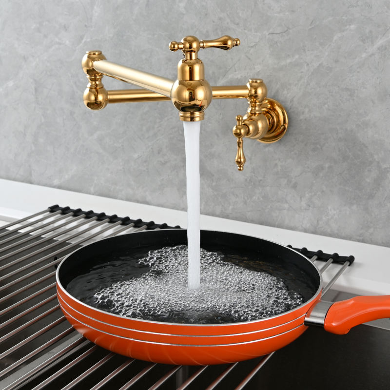 Tecmolog Wall Mount Kitchen Faucet, 1/2”NPT Brass Folding Pot Filler Tap, Kitchen Sink Tap for Cold Water, Nickel/Black/Chrome