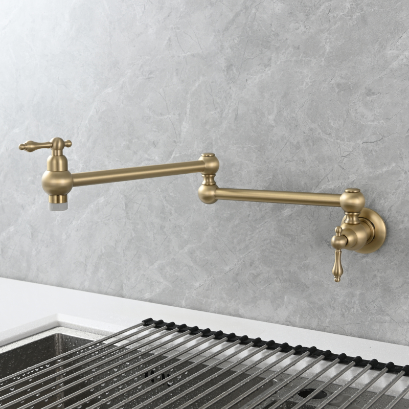 Tecmolog Wall Mount Kitchen Faucet, 1/2”NPT Brass Folding Pot Filler Tap, Kitchen Sink Tap for Cold Water, Nickel/Black/Chrome