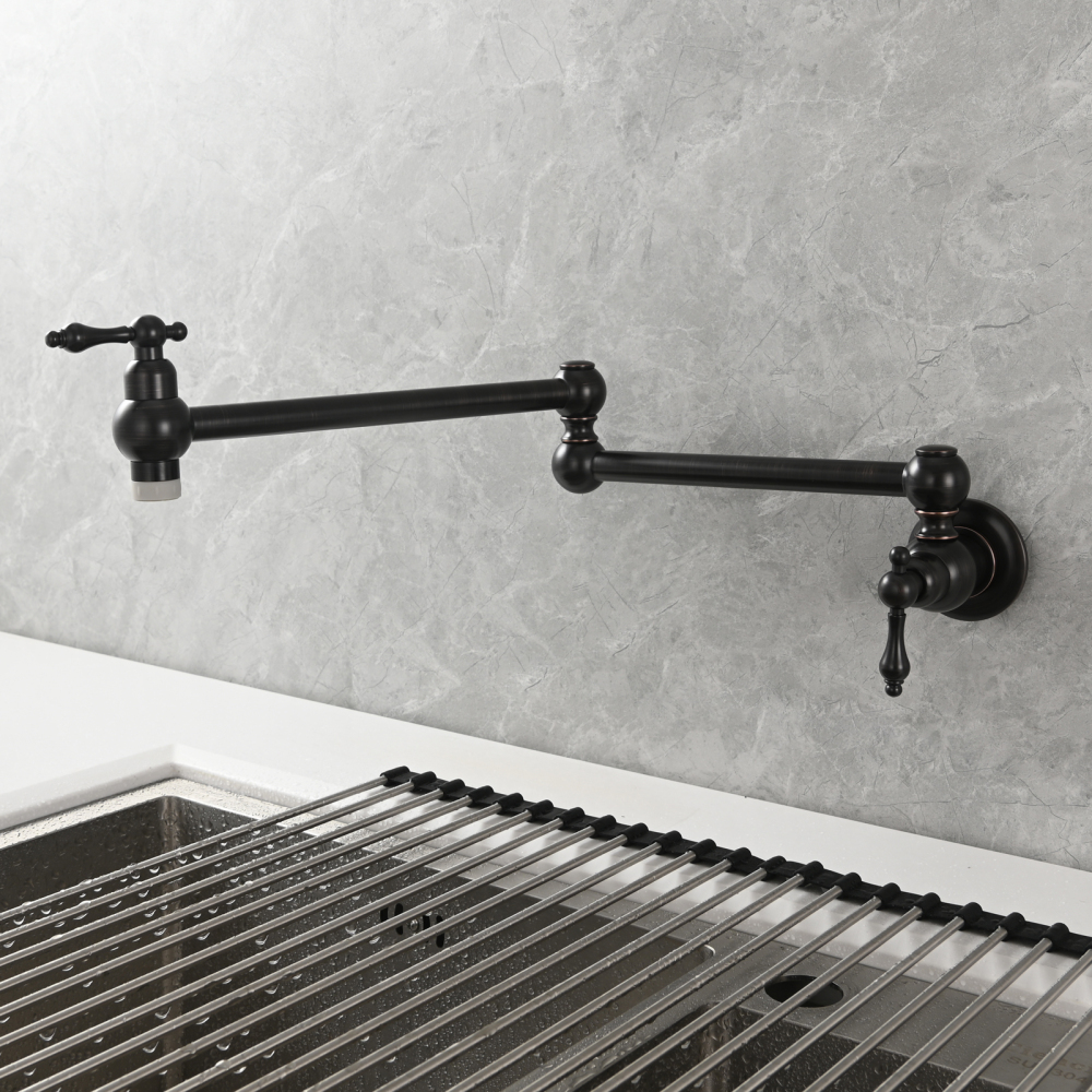 Tecmolog Wall Mount Kitchen Faucet, 1/2”NPT Brass Folding Pot Filler Tap, Kitchen Sink Tap for Cold Water, Nickel/Black/Chrome