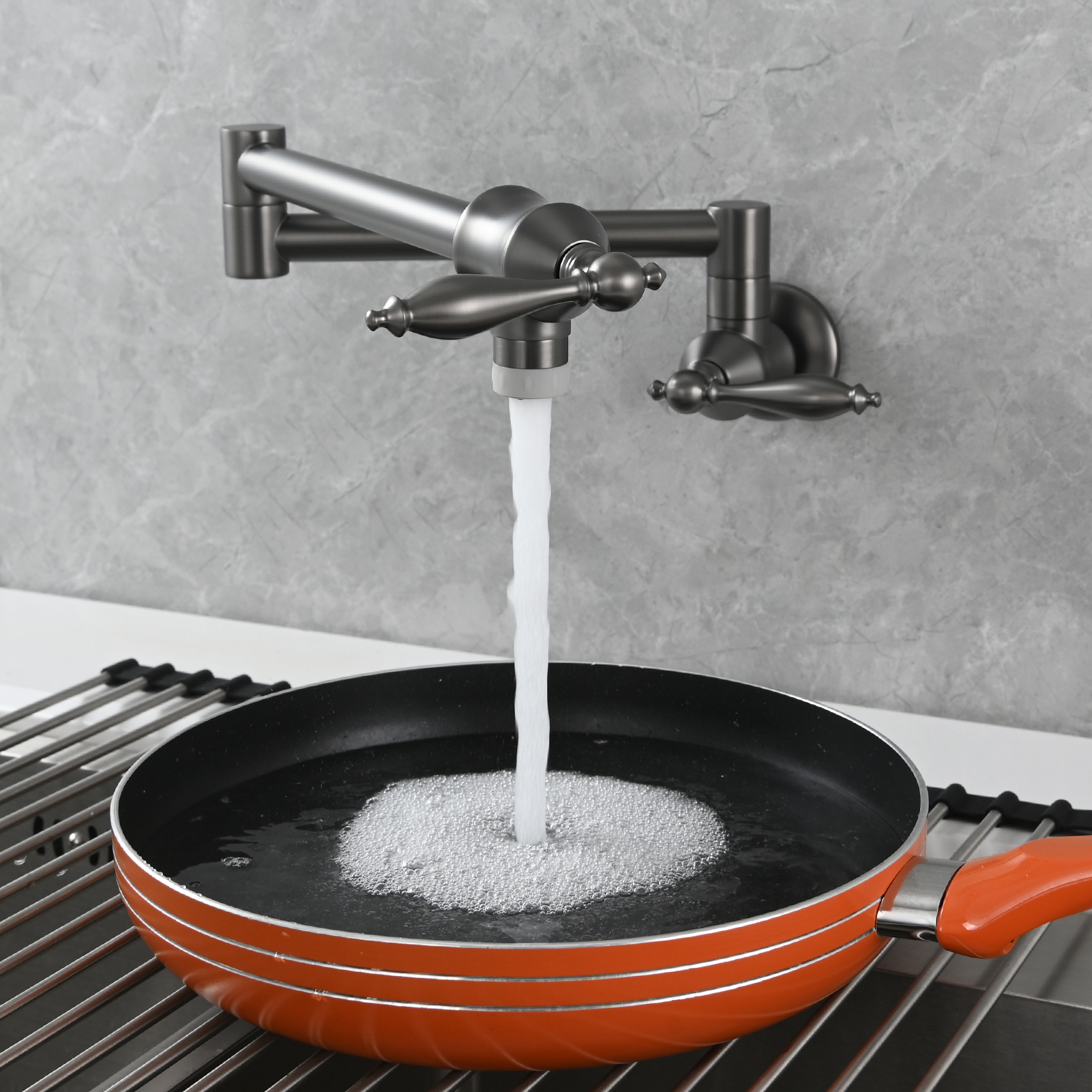 Tecmolog Pot Filler Faucet Brass Commercial Wall Mount Kitchen Sink Faucet Folding Stretchable with Single Hole Two Handles