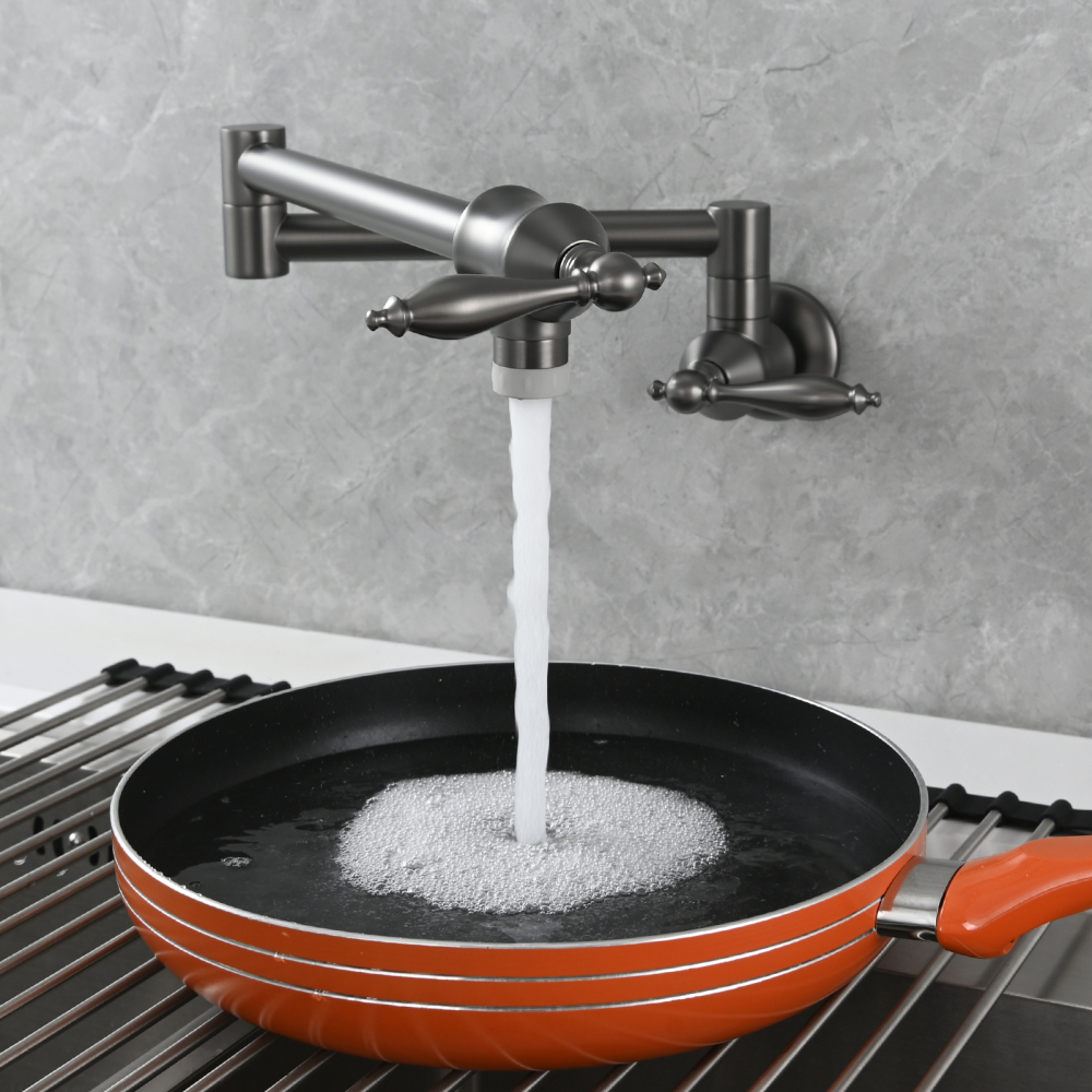 Tecmolog Pot Filler Faucet Brass Commercial Wall Mount Kitchen Sink Faucet Folding Stretchable with Single Hole Two Handles