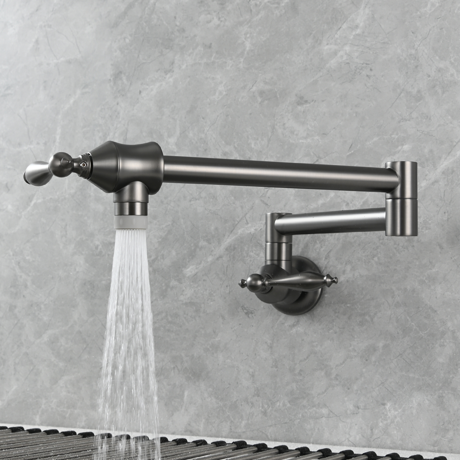 Tecmolog Pot Filler Faucet Brass Commercial Wall Mount Kitchen Sink Faucet Folding Stretchable with Single Hole Two Handles