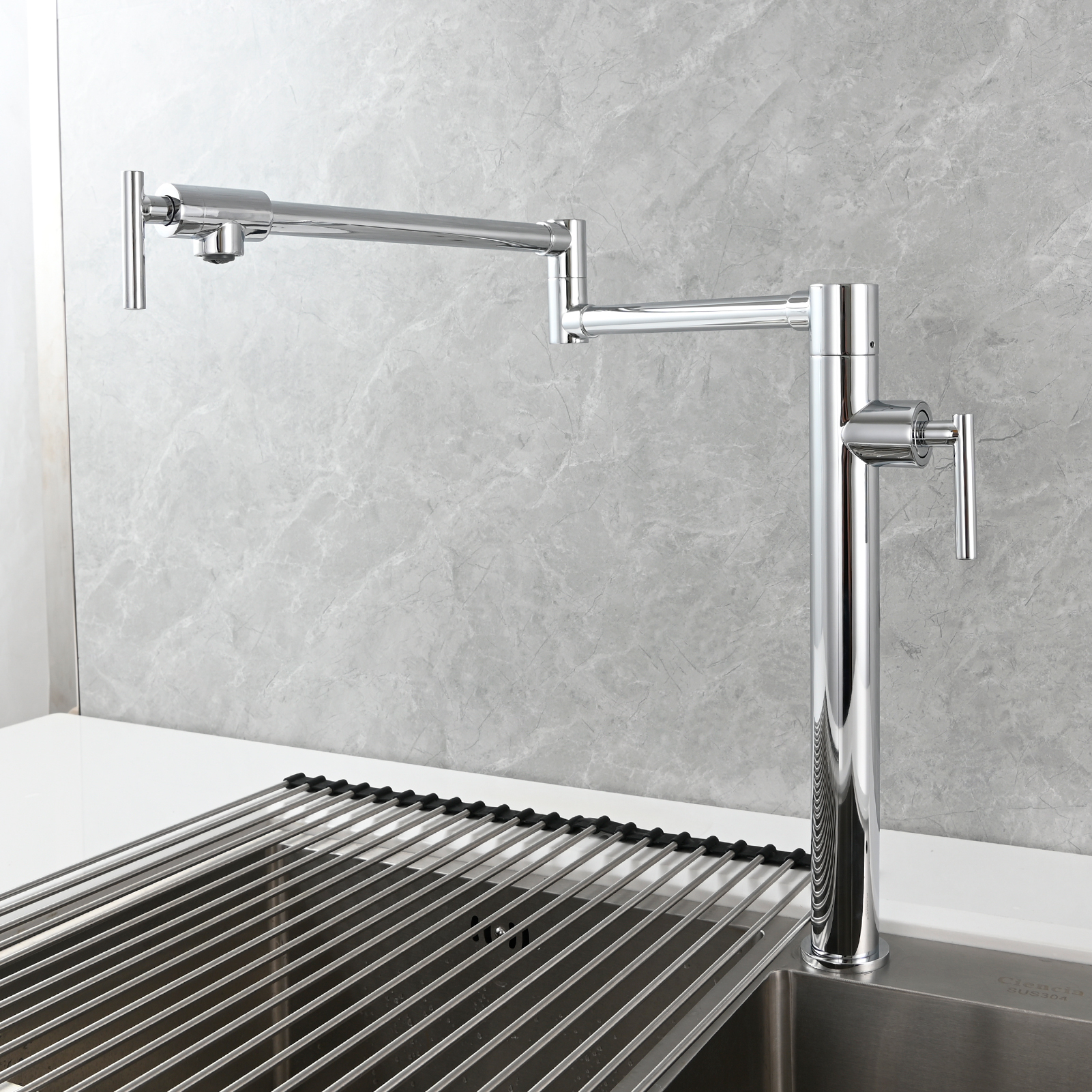 Tecmolog Deck Mount Fold Faucet Brass Hot and Cold Sink Tap with Two Handle Switch
