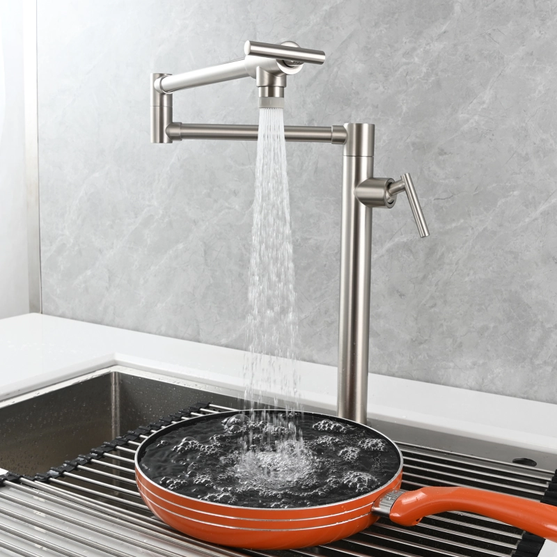 Tecmolog Deck Mount Fold Faucet Brass Hot and Cold Sink Tap with Two Handle Switch