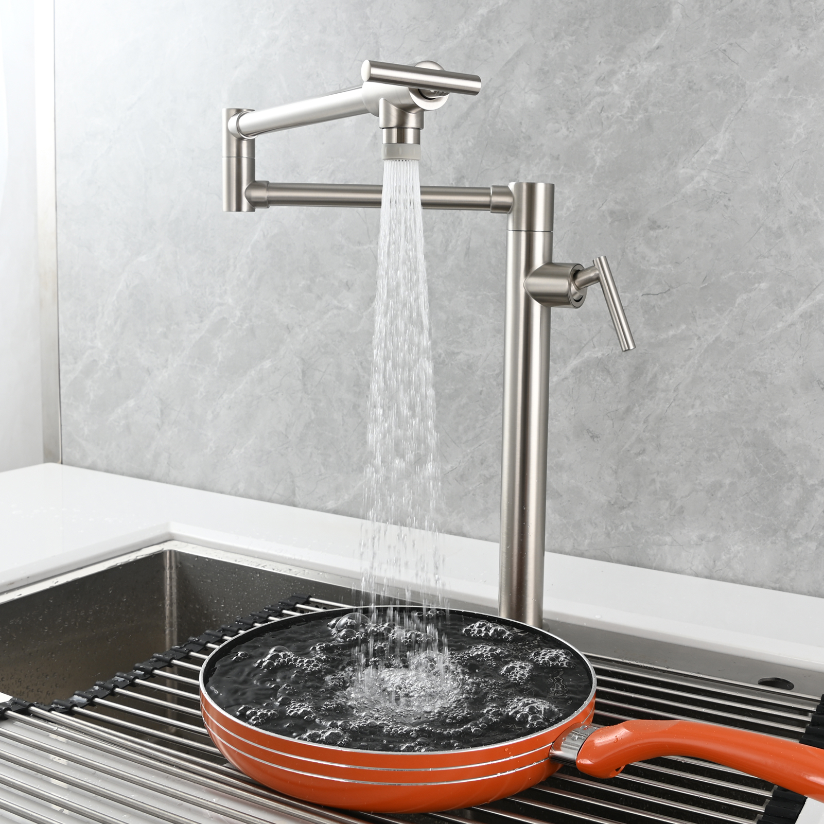 Tecmolog Deck Mount Fold Faucet Brass Hot and Cold Sink Tap with Two Handle Switch