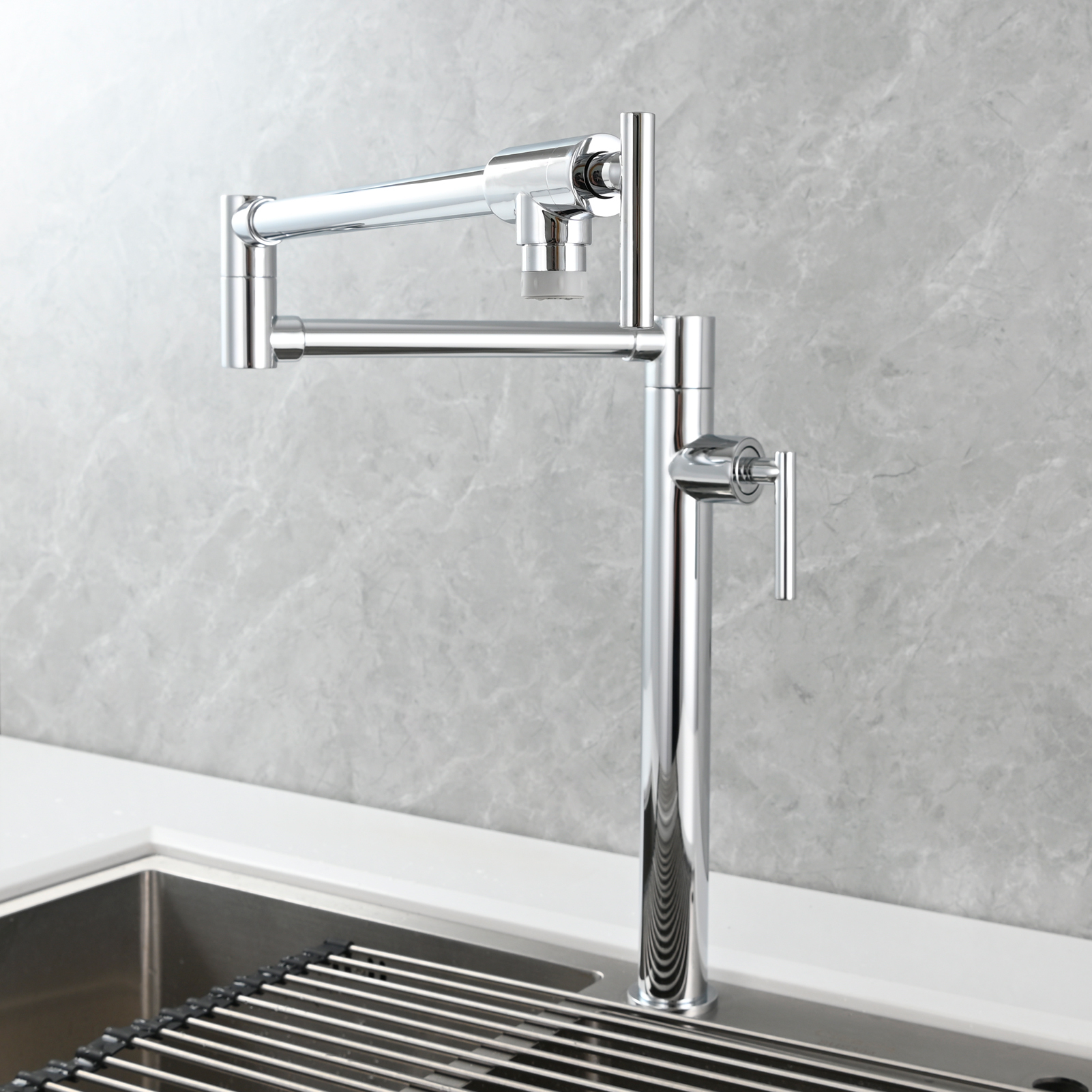 Tecmolog Deck Mount Fold Faucet Brass Hot and Cold Sink Tap with Two Handle Switch