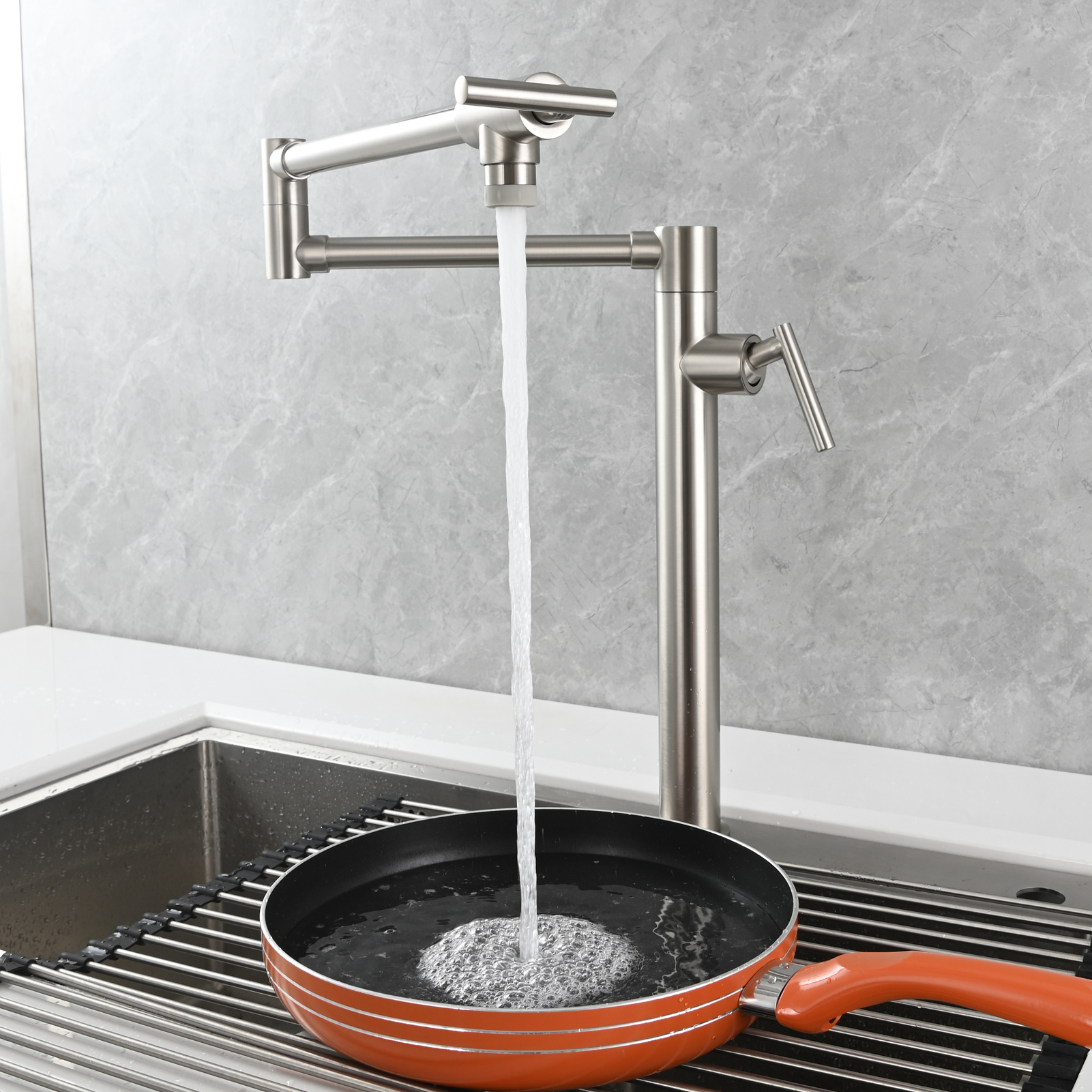 Tecmolog Deck Mount Fold Faucet Brass Hot and Cold Sink Tap with Two Handle Switch