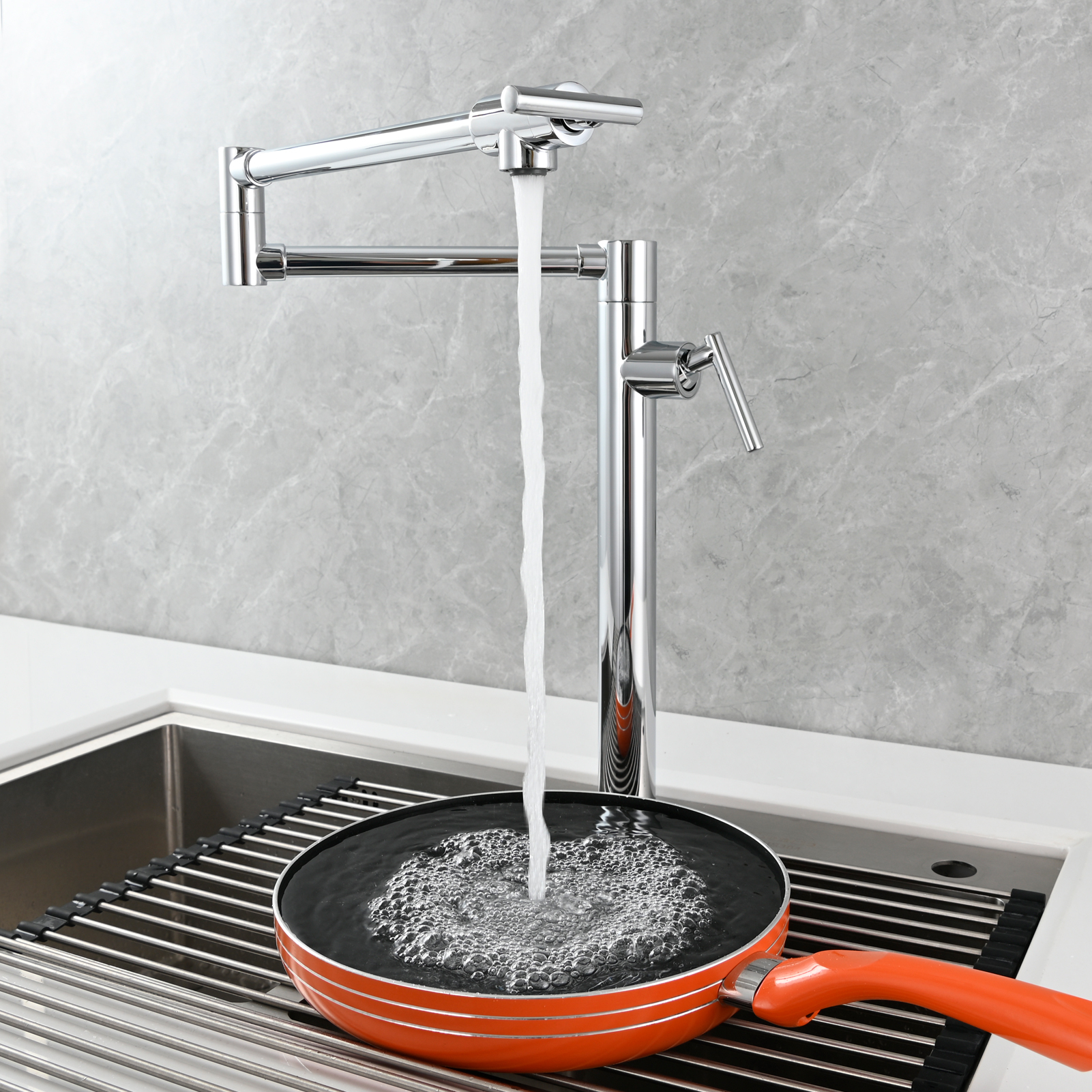 Tecmolog Deck Mount Fold Faucet Brass Hot and Cold Sink Tap with Two Handle Switch