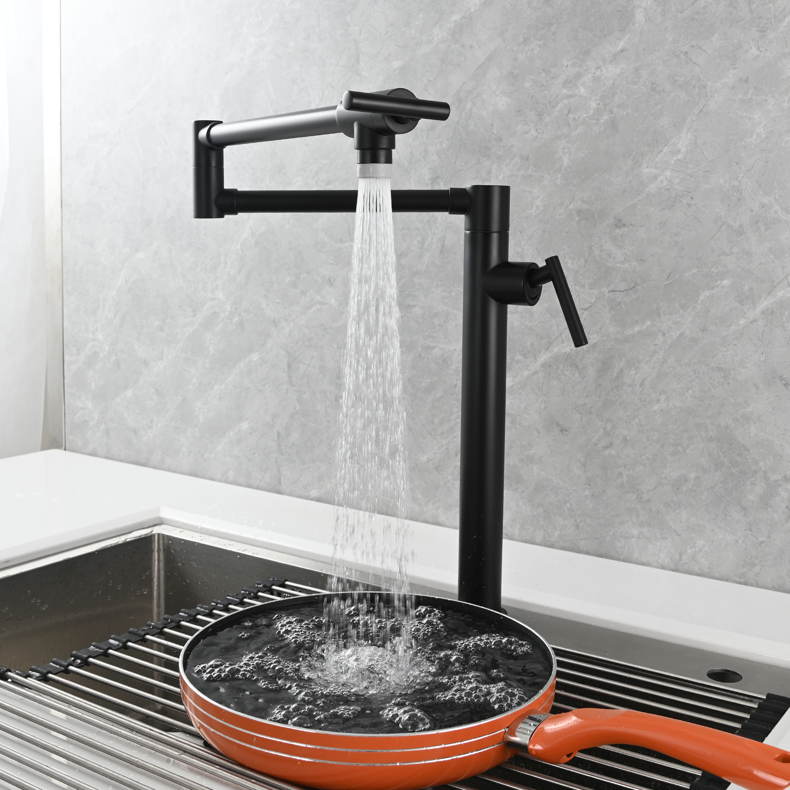 Tecmolog Deck Mount Fold Faucet Brass Hot and Cold Sink Tap with Two Handle Switch