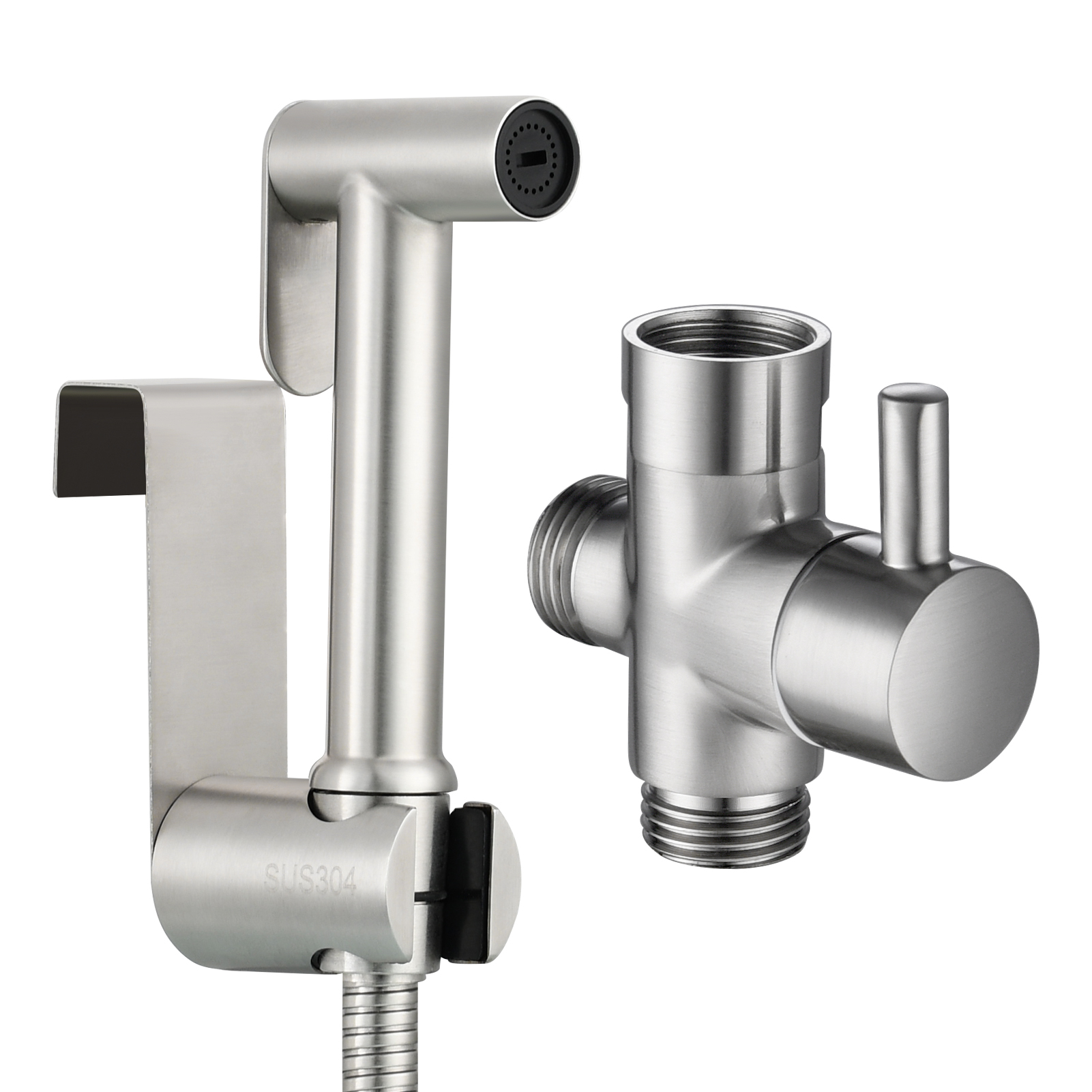 Tecmolog Stainless Steel Non Long Press Bidet Sprayer,Bathroom Pressurized Water Set with Holder and T-valve,WS038F