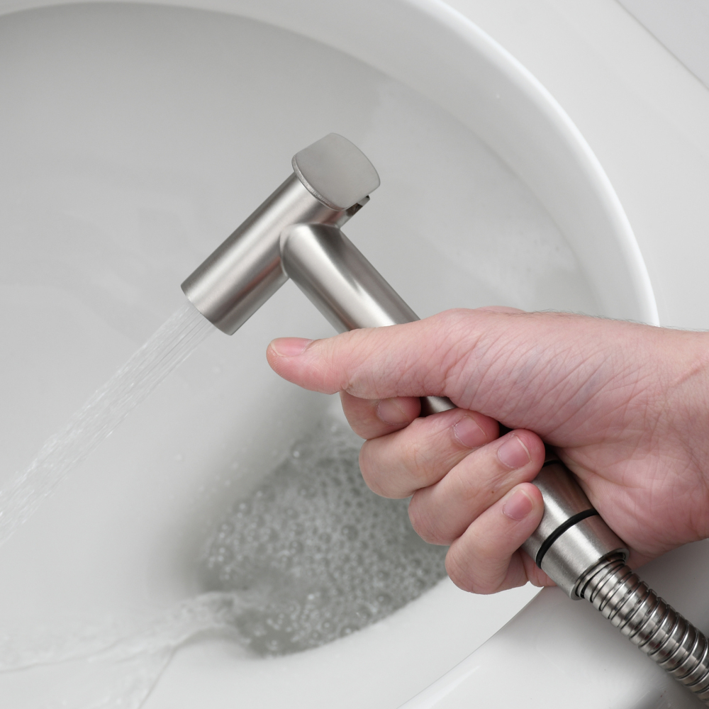 Tecmolog Stainless Steel Non Long Press Bidet Sprayer,Bathroom Pressurized Water Set with Holder and T-valve,WS038F