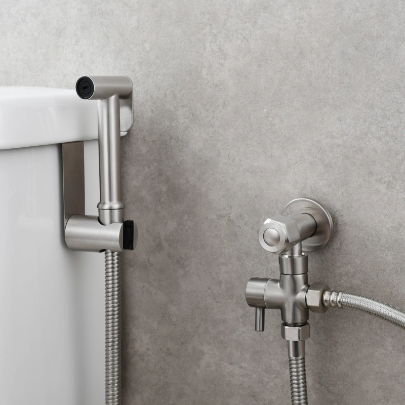 Tecmolog Stainless Steel Non Long Press Bidet Sprayer,Bathroom Pressurized Water Set with Holder and T-valve,WS038F